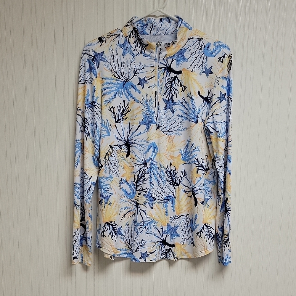 Emerald 18 1/4 Zip Blue & Yellow Sea Life Long Sleeve Top medium coastal golf